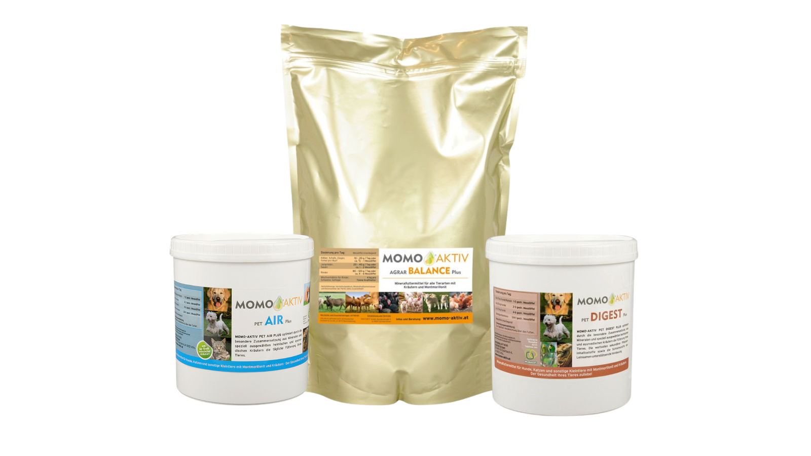 Eine Gruppe von drei MOMO-AKTIV Produkten: Eine goldene Tüte AGRAR BALANCE Plus, eine weiße Dose PET AIR Plus und eine weiße Dose PET DIGEST Plus