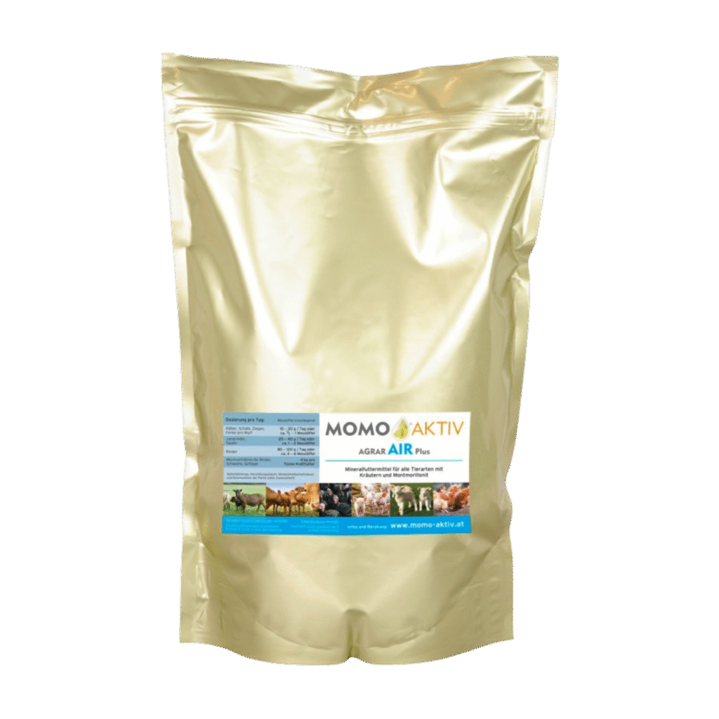 Eine goldene Verpackung von MOMO-AKTIV AGRAR AIR Plus mit einem Etikett, das verschiedene Nutztiere zeigt