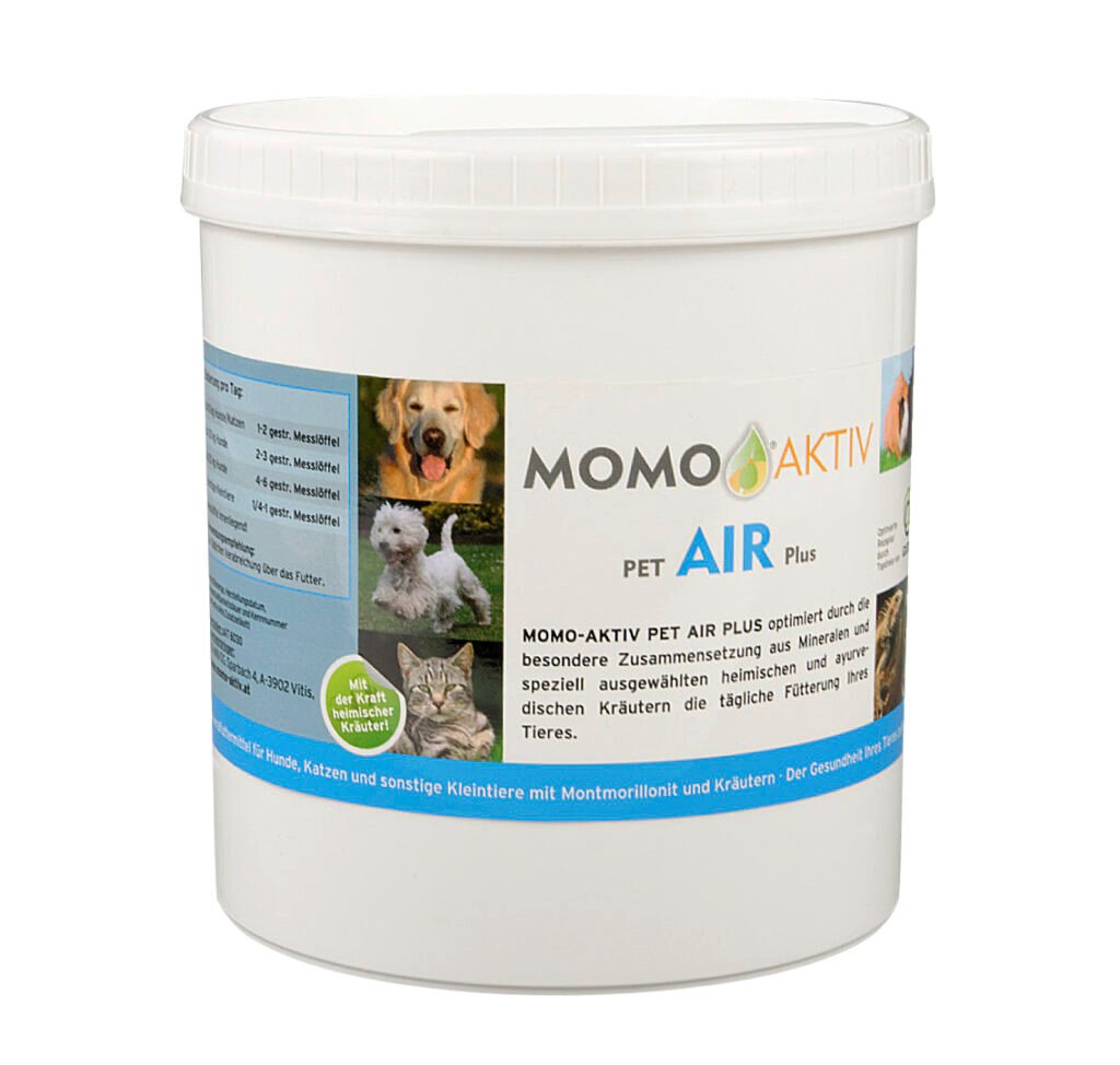 MOMO-AKTIV PET AIR PLUS Dose mit Etikett, das einen golden Retriever, einen weißen Terrier und eine Katze zeigt