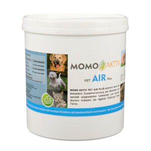 MOMO-AKTIV PET AIR PLUS Dose mit Etikett, das einen golden Retriever, einen weißen Terrier und eine Katze zeigt