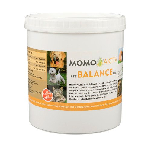 MOMO-AKTIV PET BALANCE PLUS Dose mit Etikett und Bildern von Hund, Katze und den Inhaltsstoffen