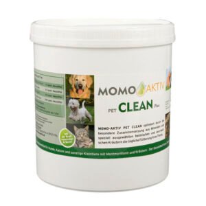 MOMO-AKTIV PET CLEAN PLUS Dose mit Etikett, das einen golden Retriever, einen weißen Terrier und eine Katze zeigt