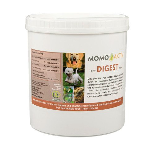 MOMO-AKTIV PET DIGEST PLUS Dose mit Etikett, das einen Hund, einen West Highland Terrier und eine Katze zeigt